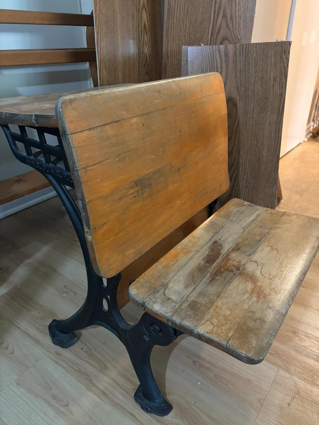 Vintage School Desk with Wood Top and Cast Iron Base