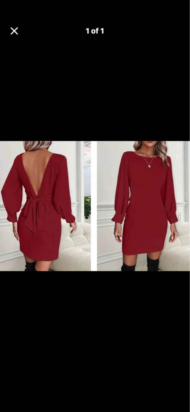 Red long sleeved dress with plunge v back. Size small