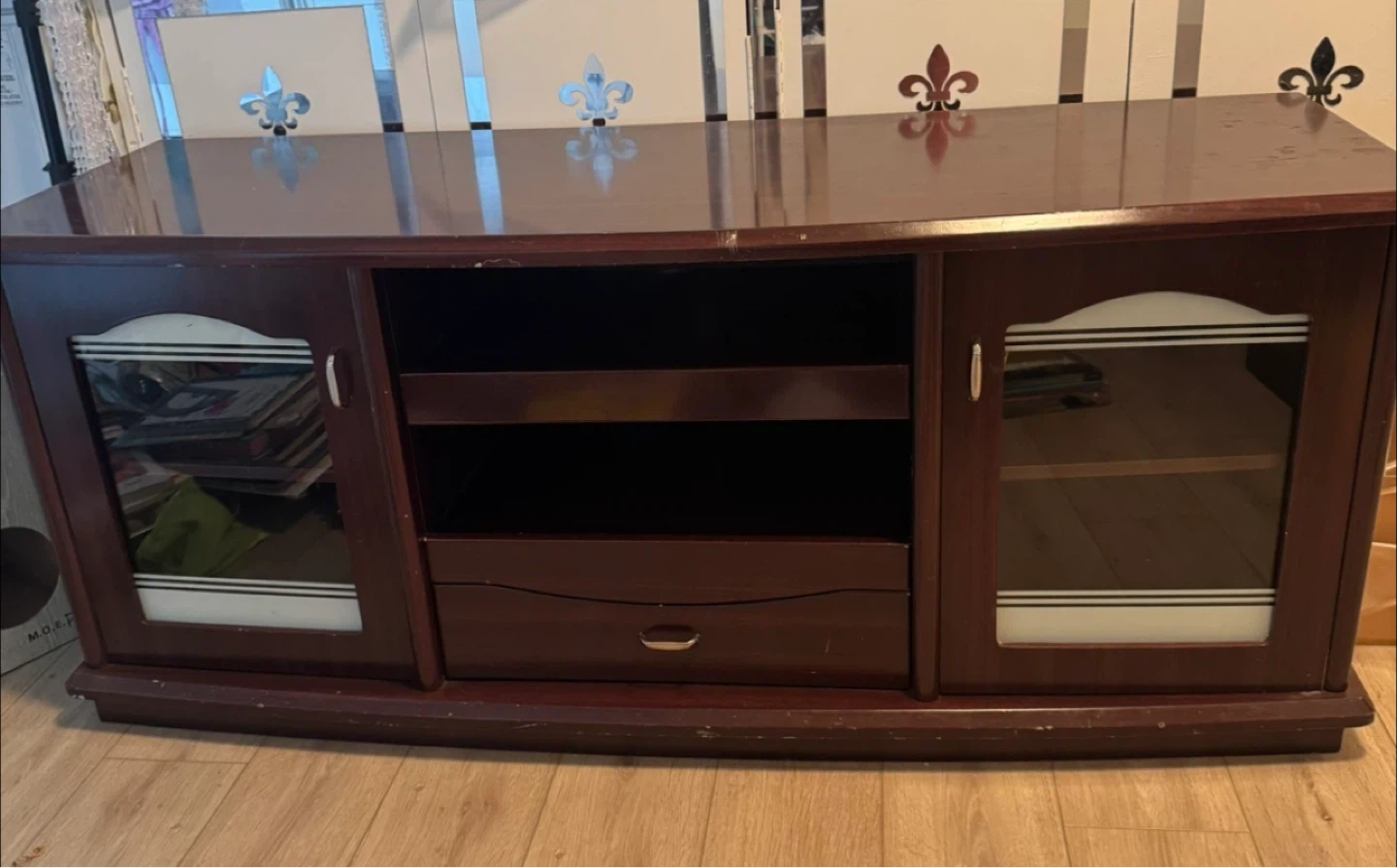 Dark Wood TV Stand with Glass Doors