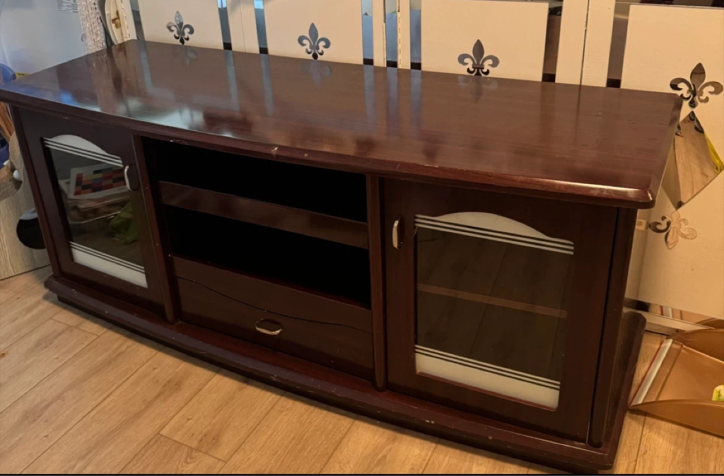 Dark Wood TV Stand with Glass Doors - photo 2