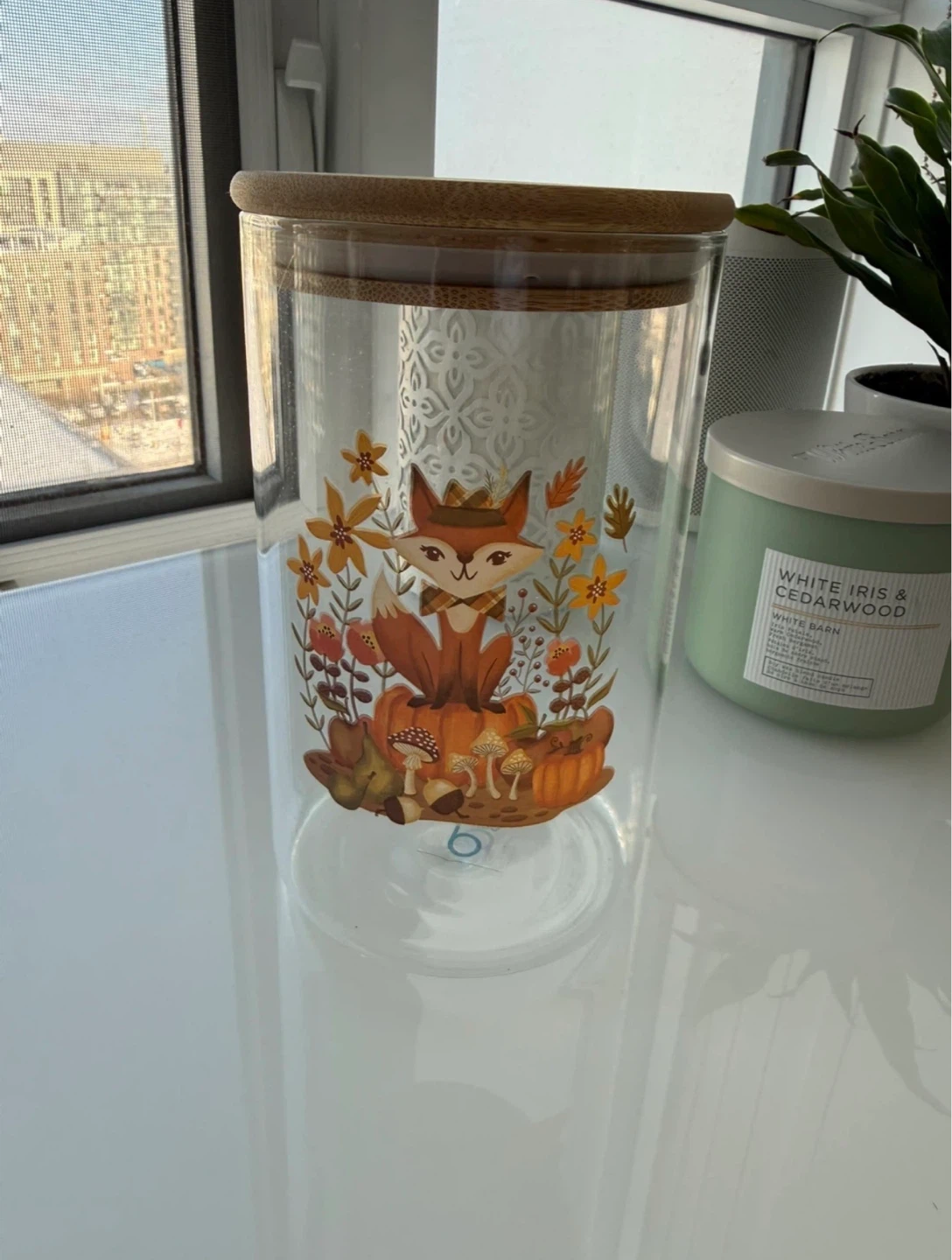 Glass storage jar with fox and pumpkin design