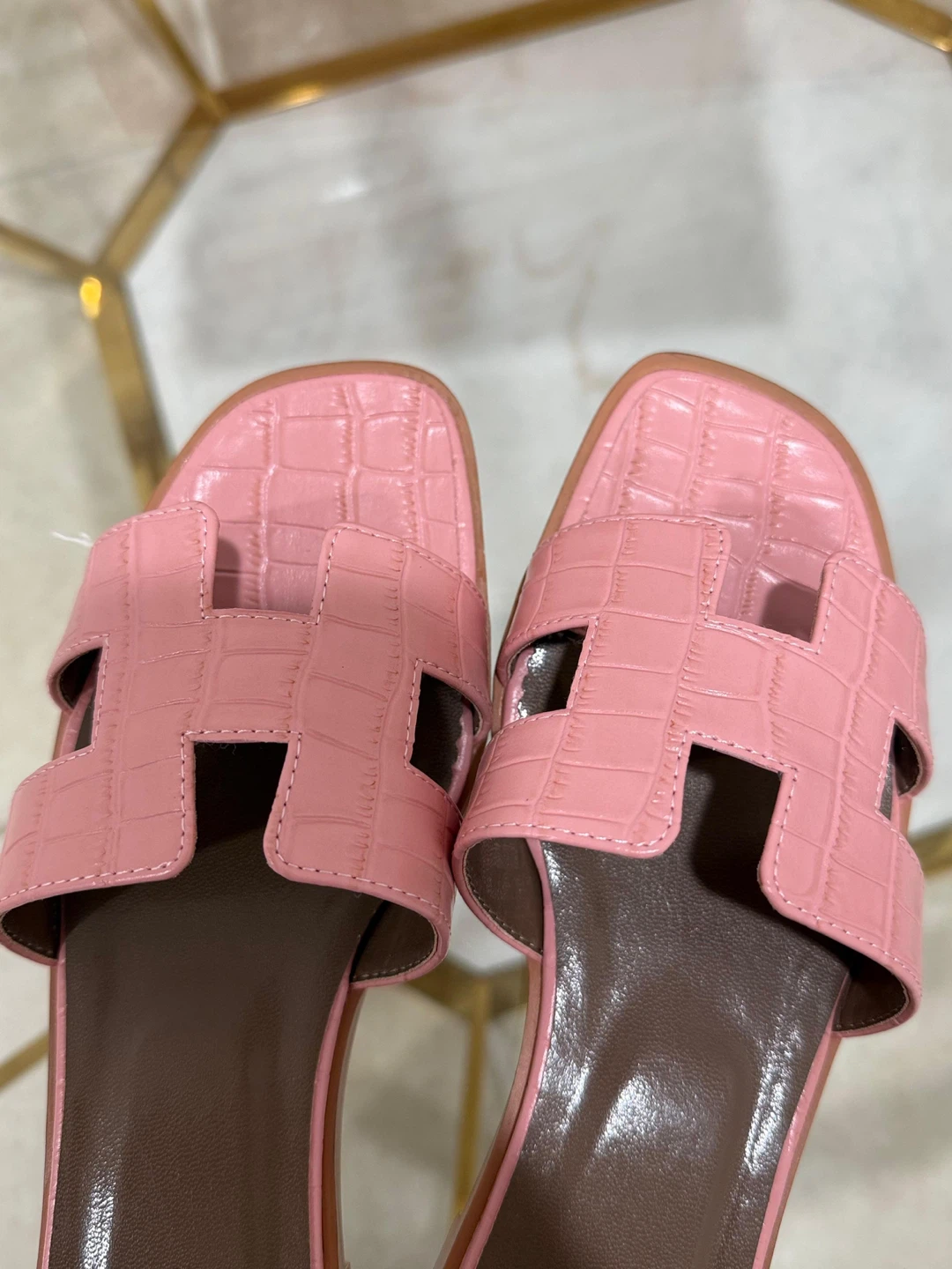 Hermès Pink Crocodile Embossed Leather Slides - Size 39