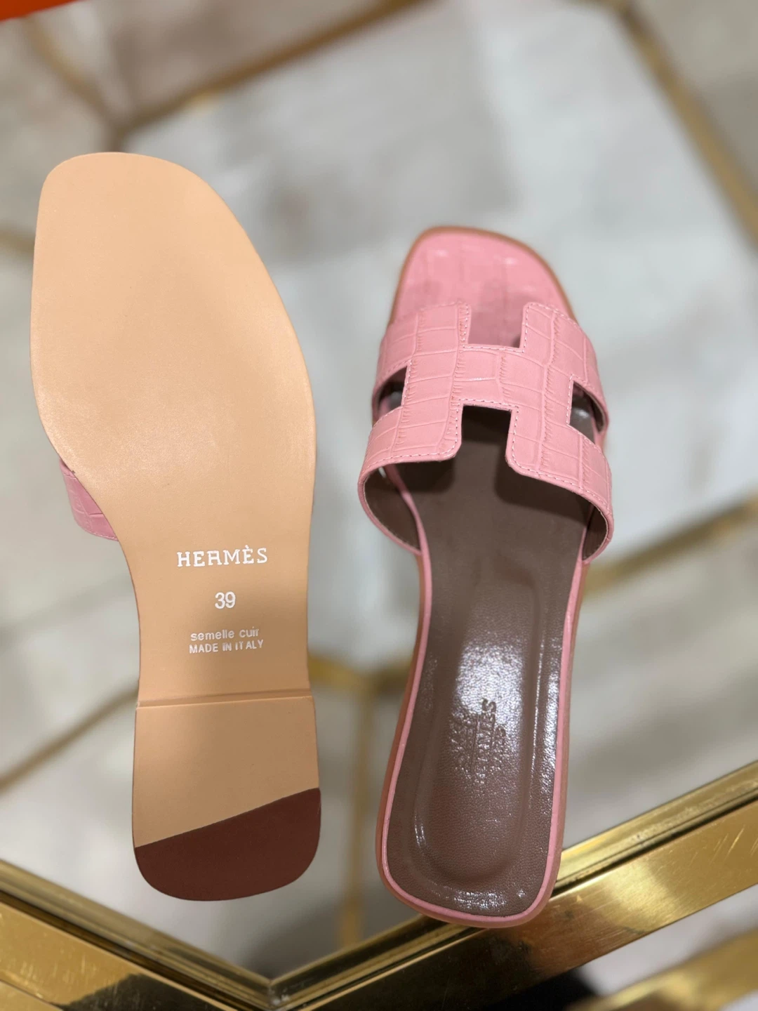 Hermès Pink Crocodile Embossed Leather Slides - Size 39 - photo 2