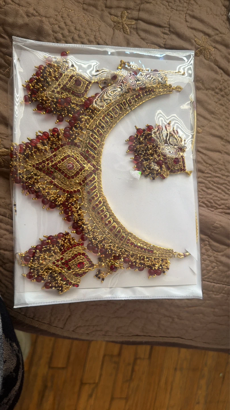 Gold Tone Necklace and Earrings Set with Red Beads