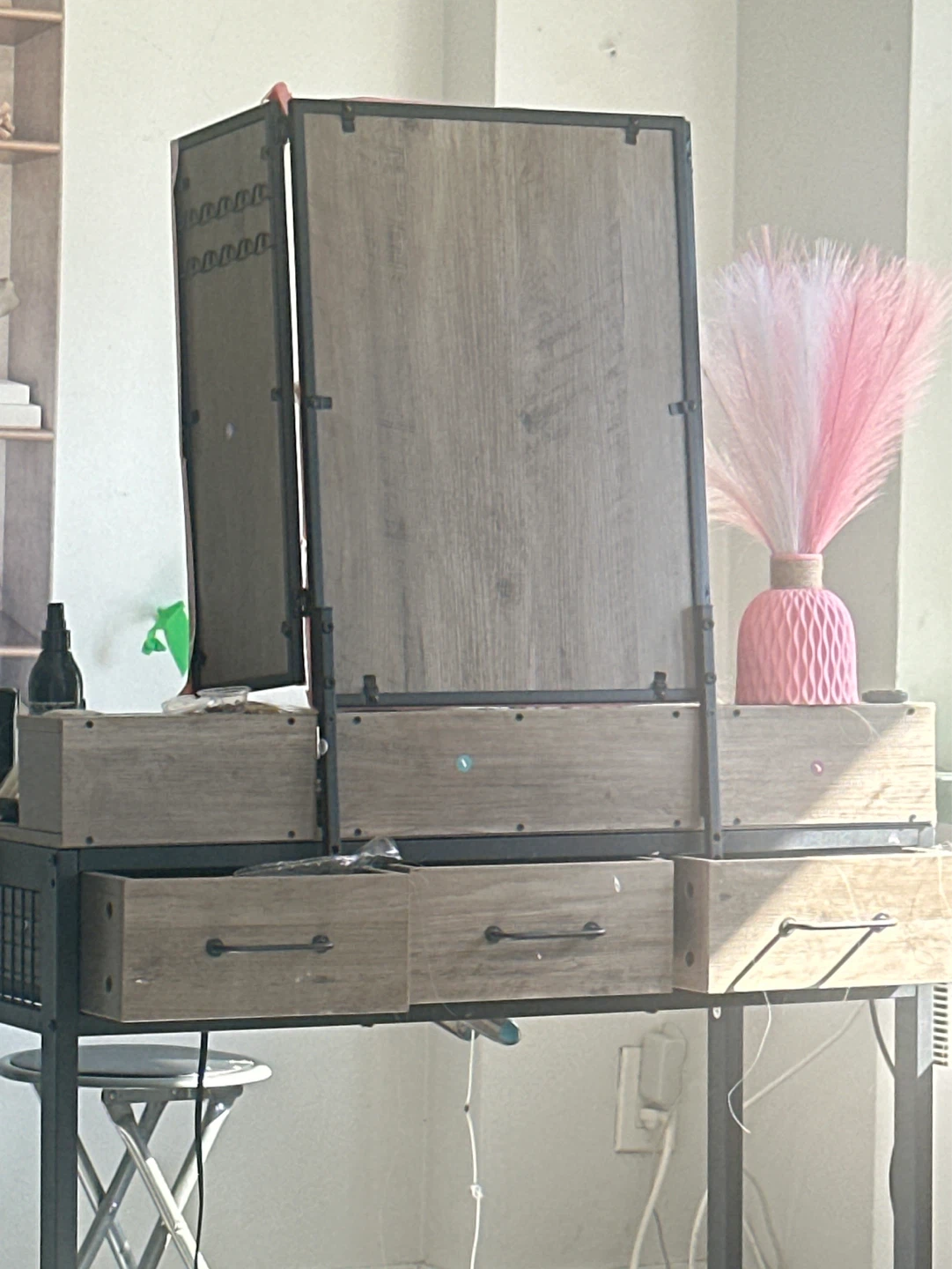 Tri-Fold Vanity Mirror with Drawers
