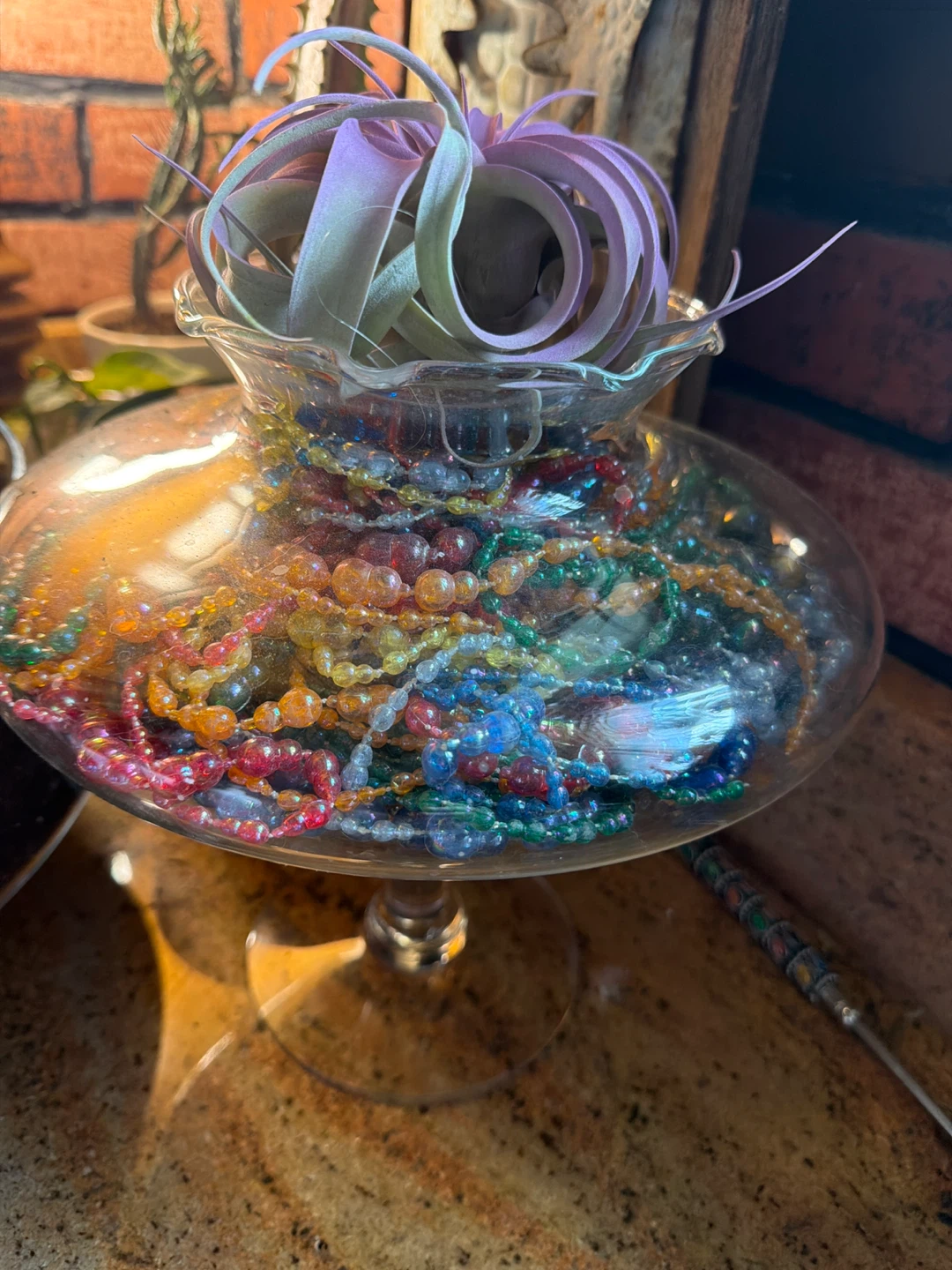 Glass Pedestal Bowl with Colorful Beads and Air Plant