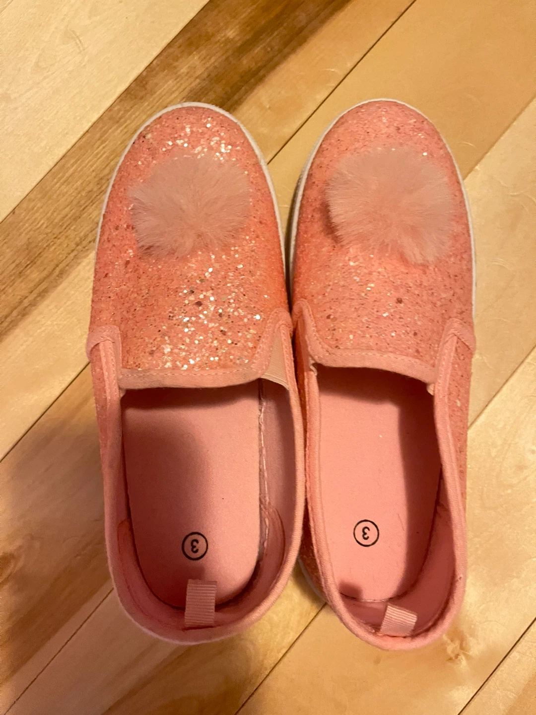 Pink Glitter Slip-On Shoes with Pom Pom - Size 3
