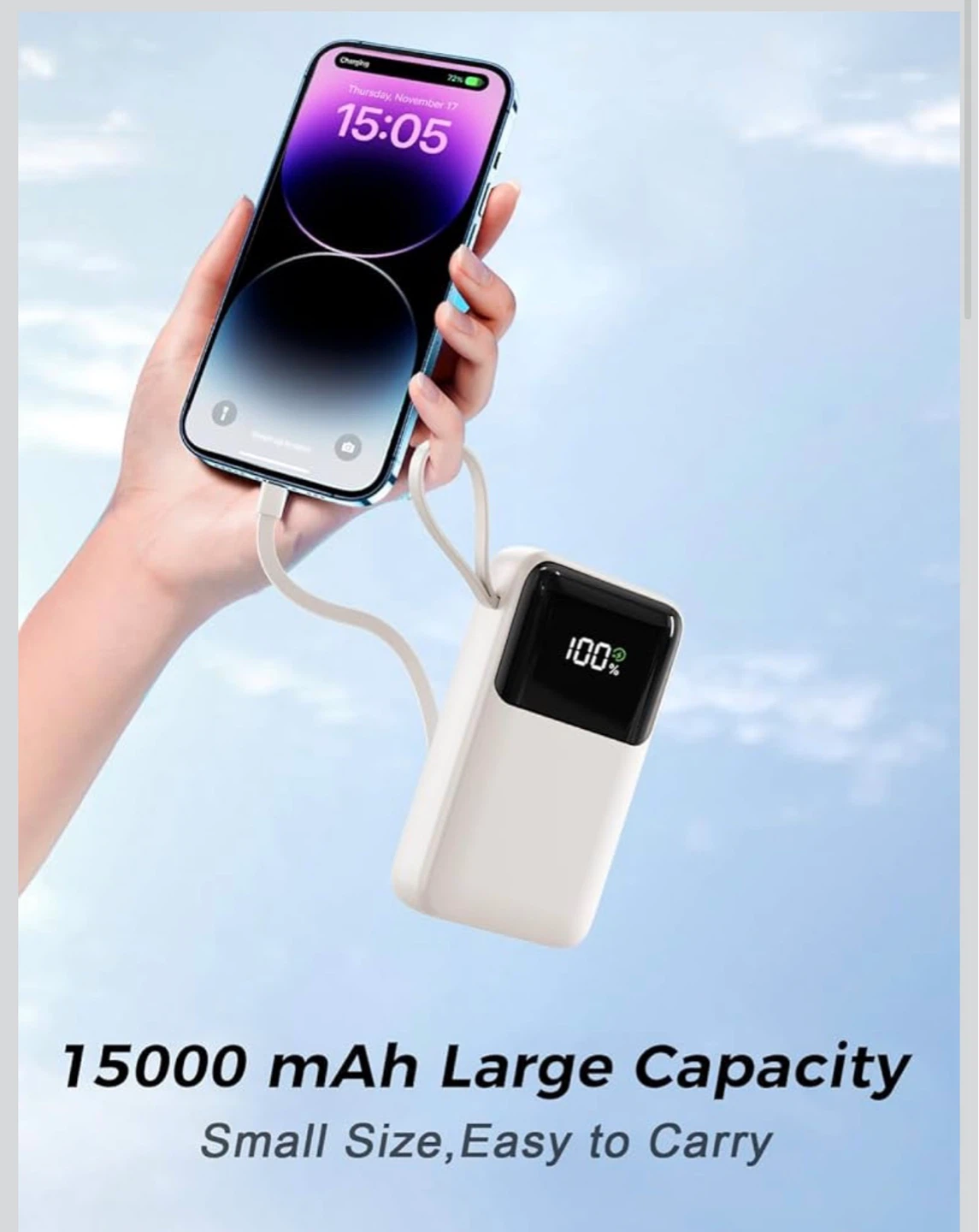 15000mAh Portable Power Bank with Built-in Cables - photo 2