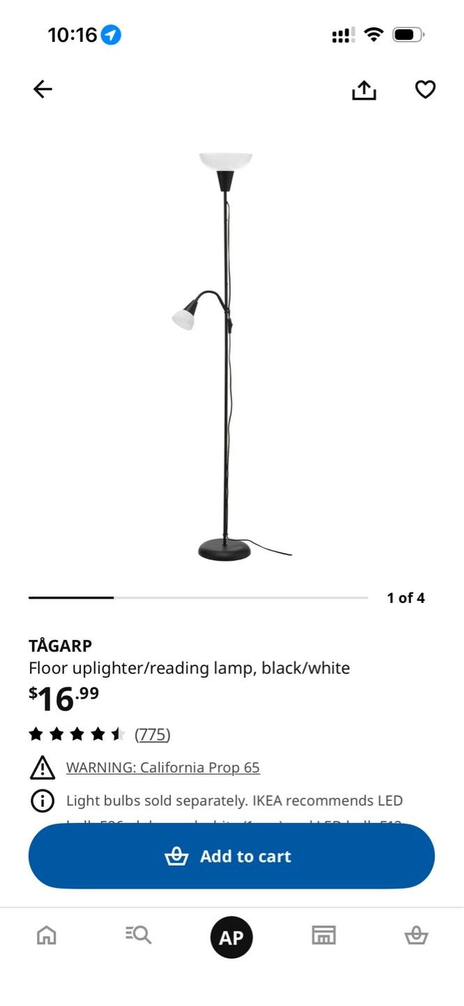 IKEA TÄGARP Floor Uplighter/Reading Lamp Black/White