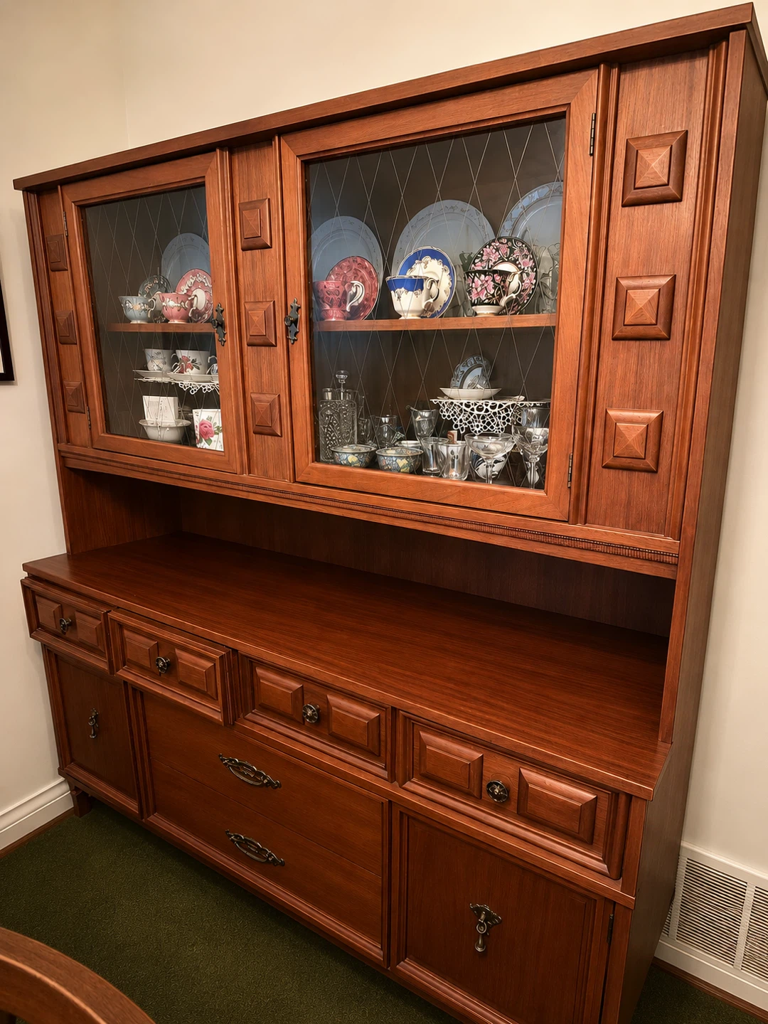 Vintage Wooden China Cabinet with Glass Doors