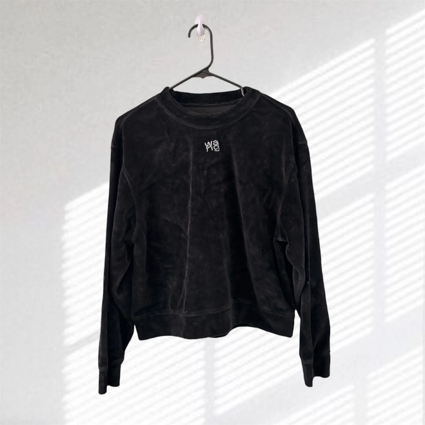 Wang Black Velvet Crewneck Sweater With Rhinestone Letter Logo
