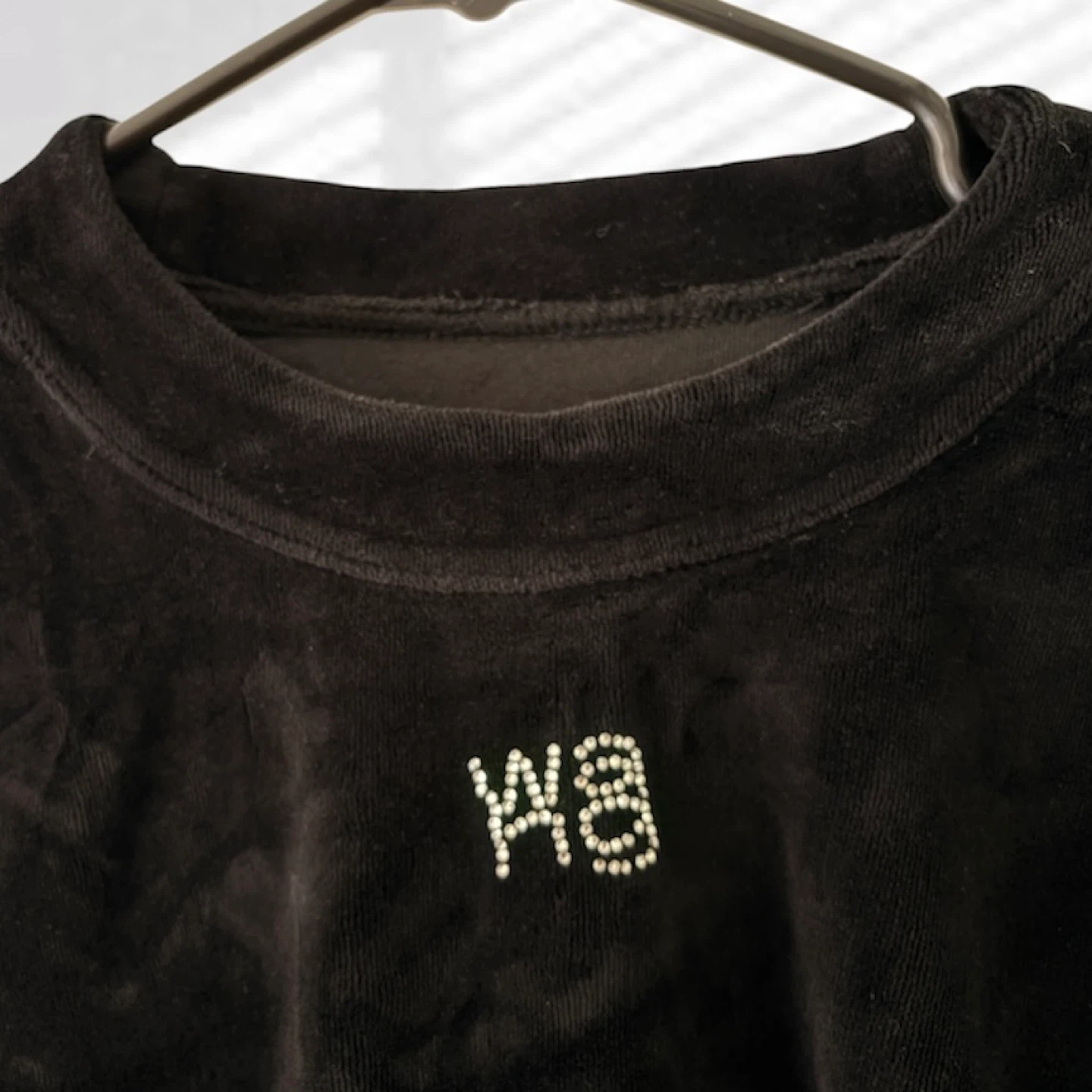 Wang Black Velvet Crewneck Sweater With Rhinestone Letter Logo - photo 2