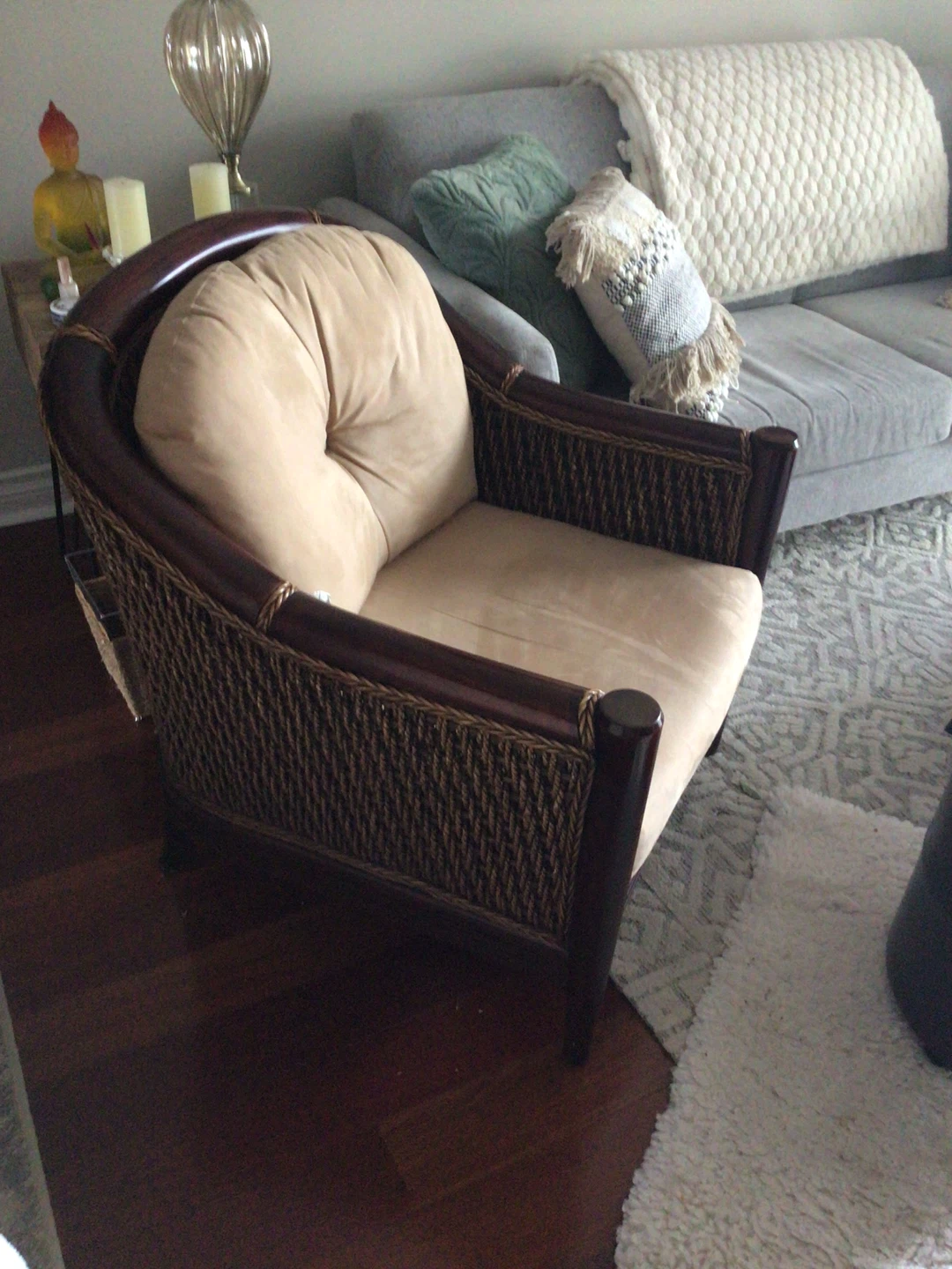 Wicker Barrel Chair with Tan Cushions