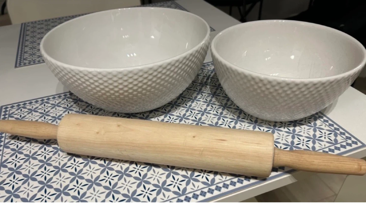 Set of 3 ps - White Ceramic Bowls and Rolling Pin