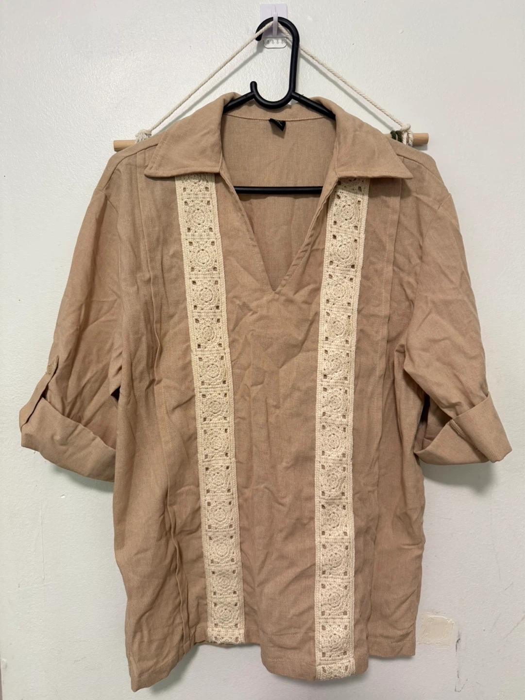 Beige Embroidered V-Neck Top