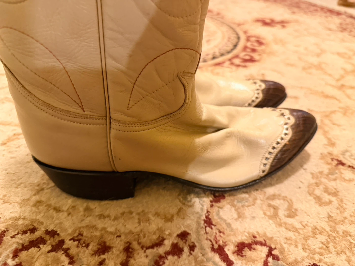 Cream Leather Cowboy Boots with Brown Lizard Toe - photo 3