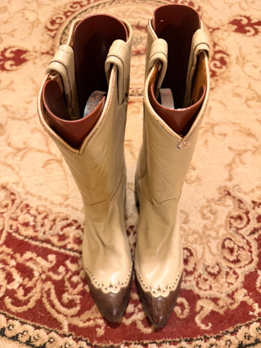 Cream Leather Cowboy Boots with Brown Lizard Toe