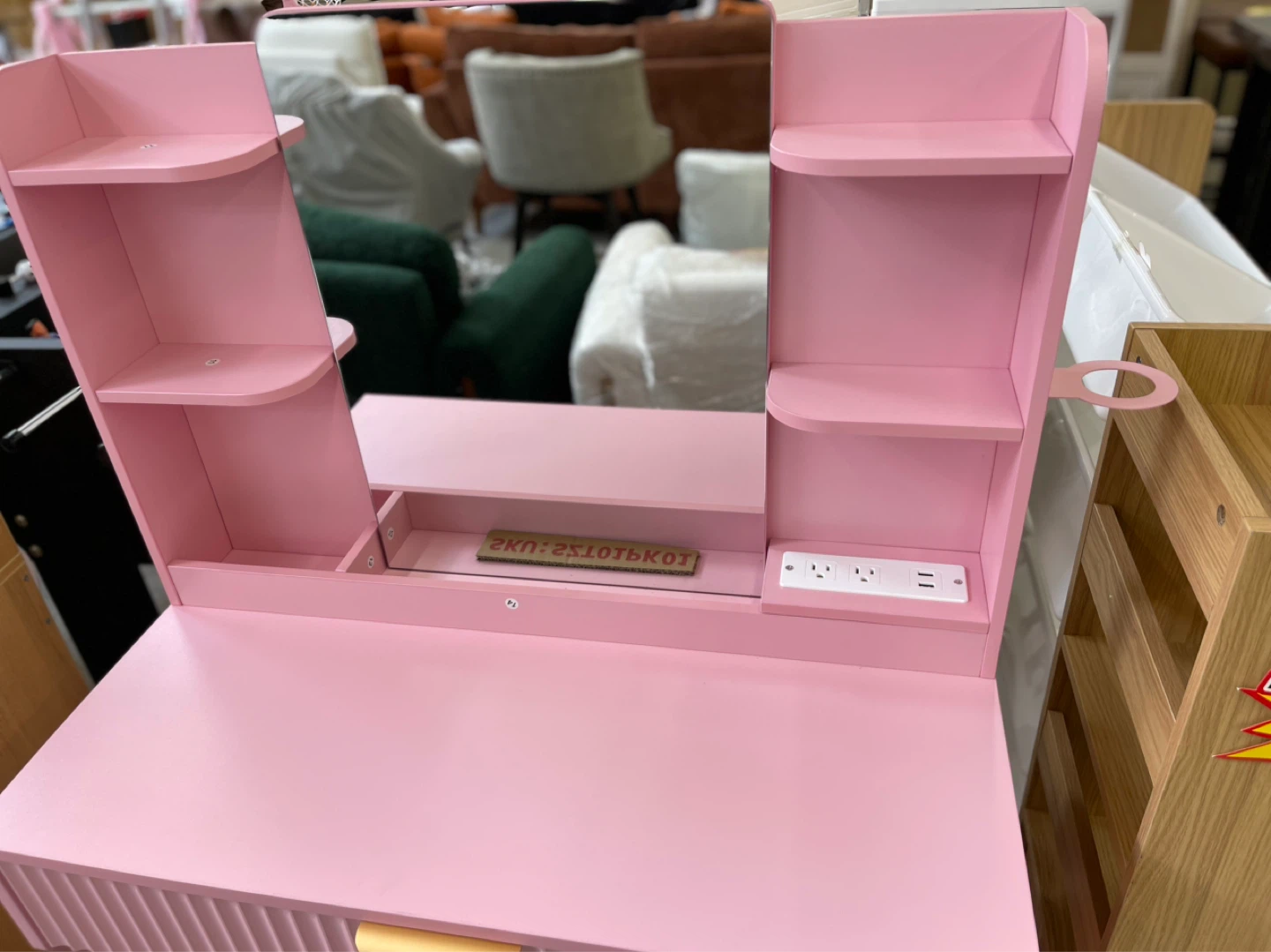 Pink Vanity Desk with Shelves and Outlets