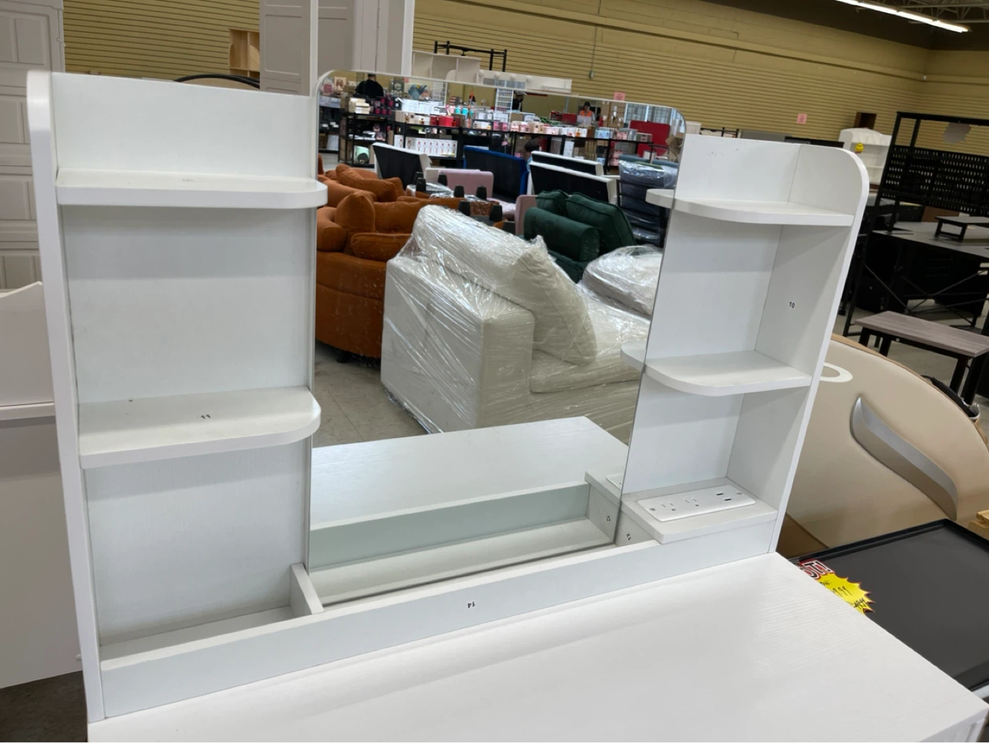 White Vanity Desk with Mirror and Built-in Outlets
