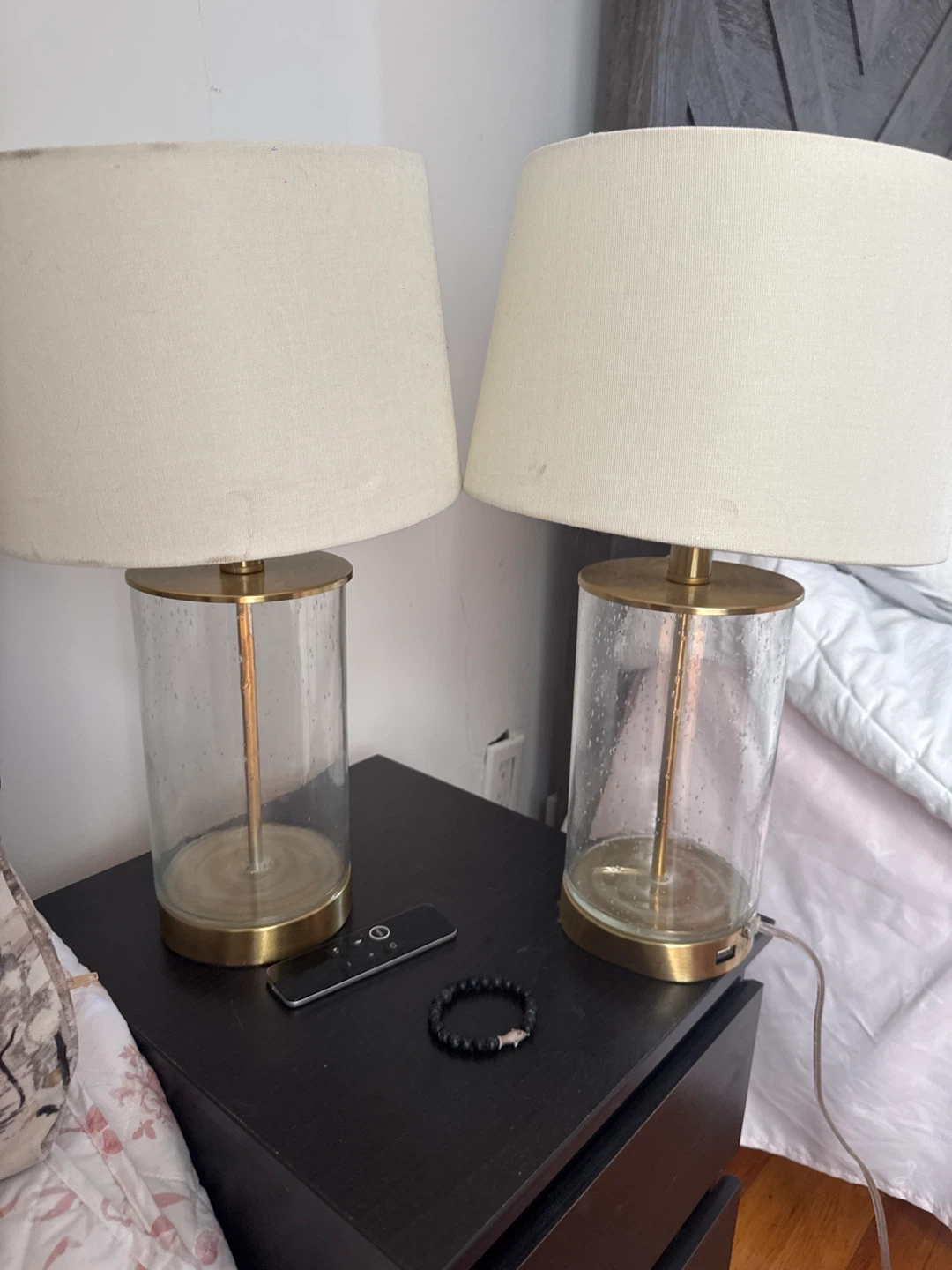 Pair of Glass Cylinder Table Lamps with USB Ports