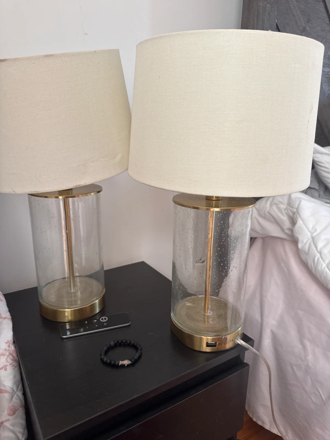 Pair of Glass Cylinder Table Lamps with USB Ports - photo 2