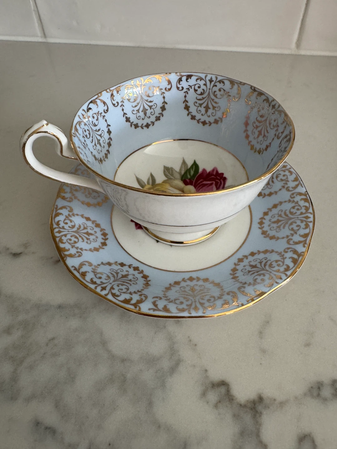 Light Blue Floral Teacup and Saucer Set