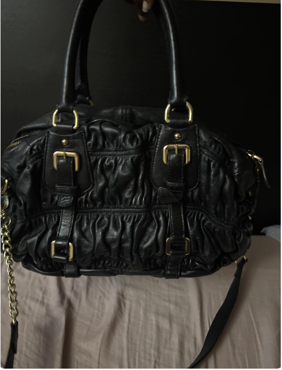 Prada Black Leather Ruched Handbag
