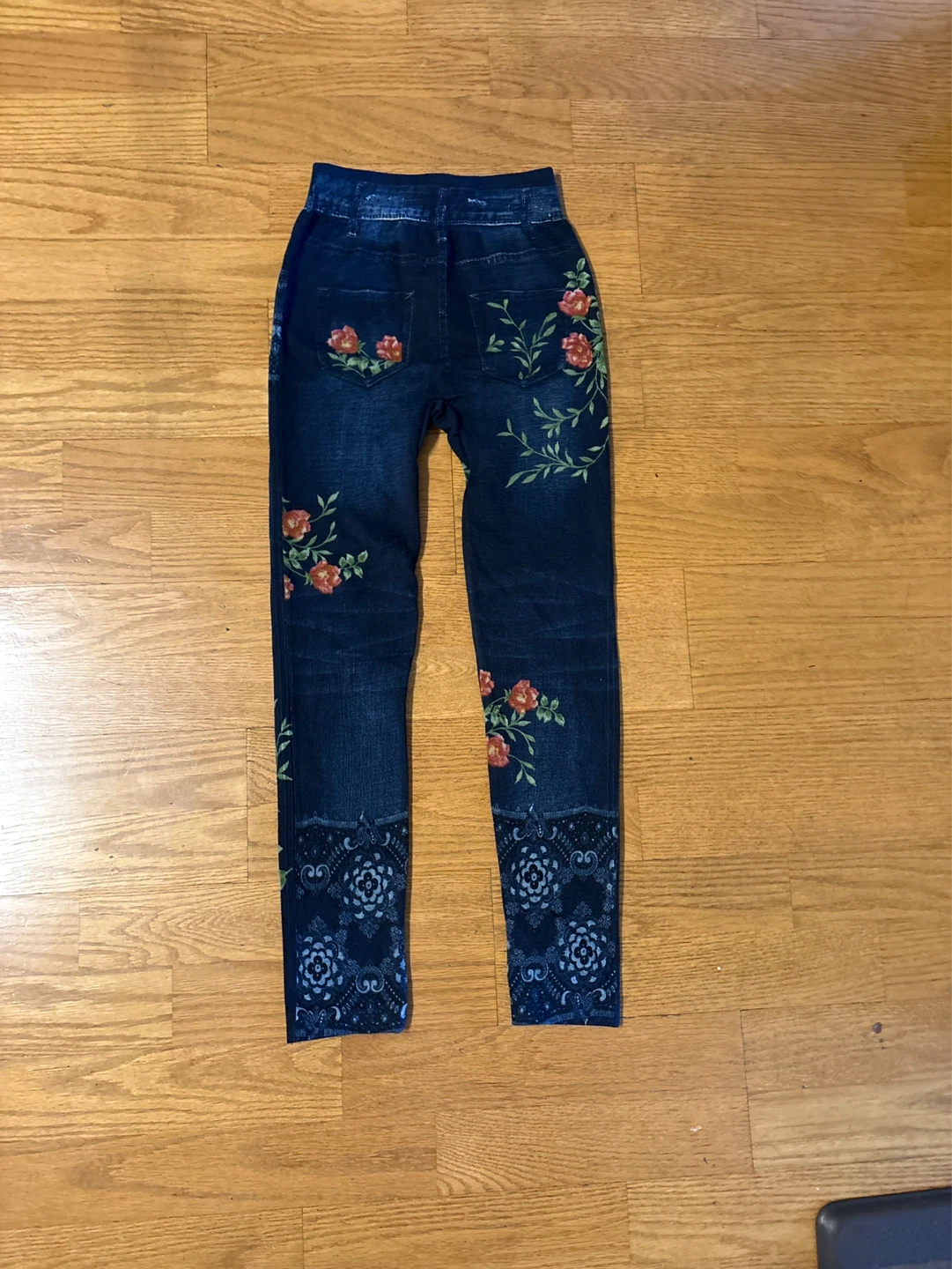 Blue floral embroidered denim-look leggings - photo 2