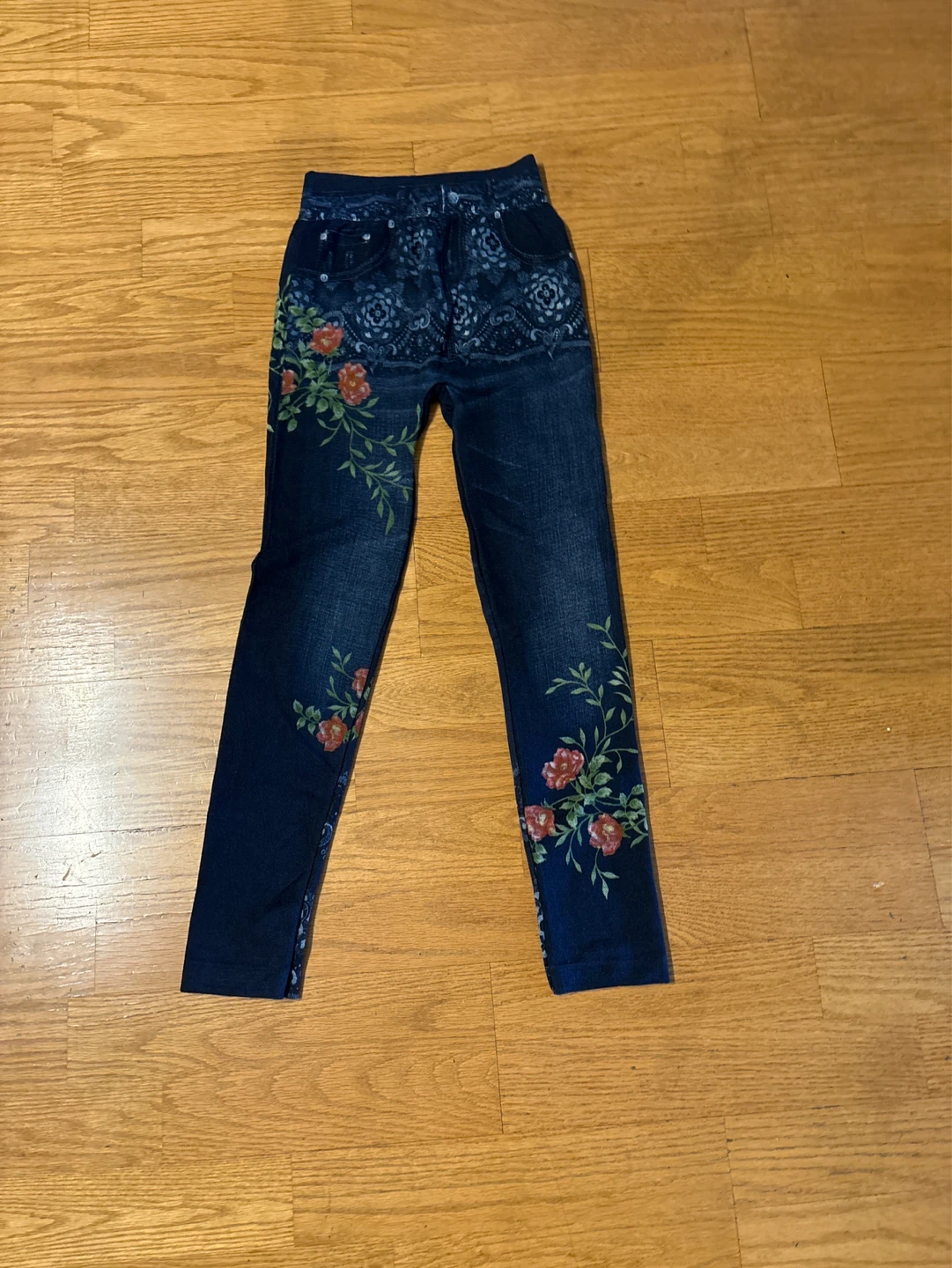 Blue floral embroidered denim-look leggings