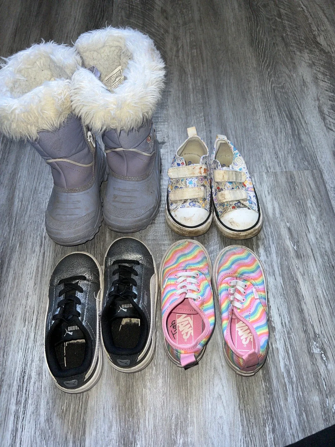 Kids' Shoes Bundle: Boots, Pumas, Vans, and Floral Sneakers