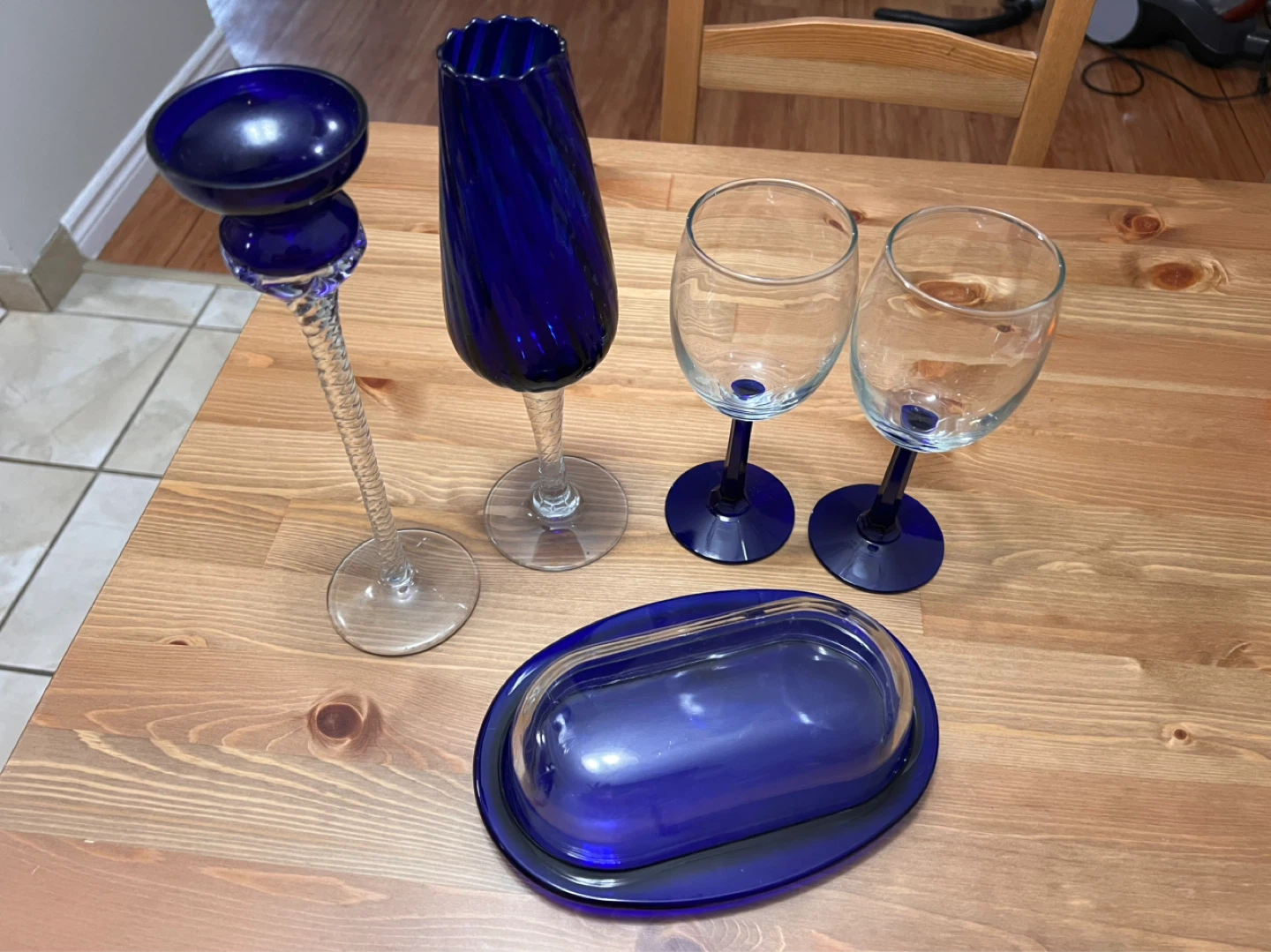 Blue Glass Vase, Candlestick Holder & Wine Glasses