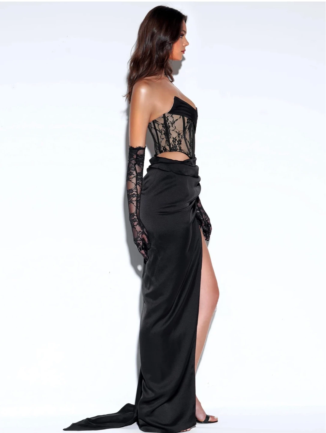 Callie Black Lace Satin Corset High Slit Gown - photo 2