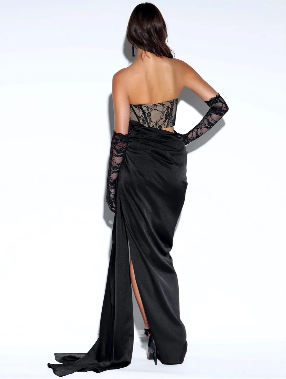 Callie Black Lace Satin Corset High Slit Gown - photo 3
