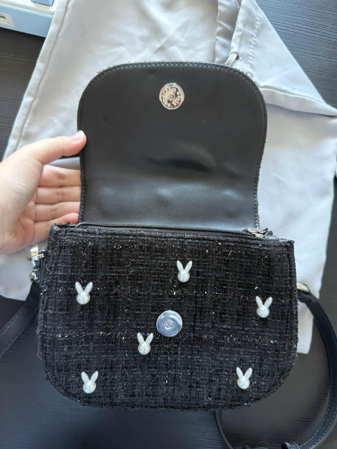 New Charles & Keith Black Tweed Mini Bag with Pearls - photo 2
