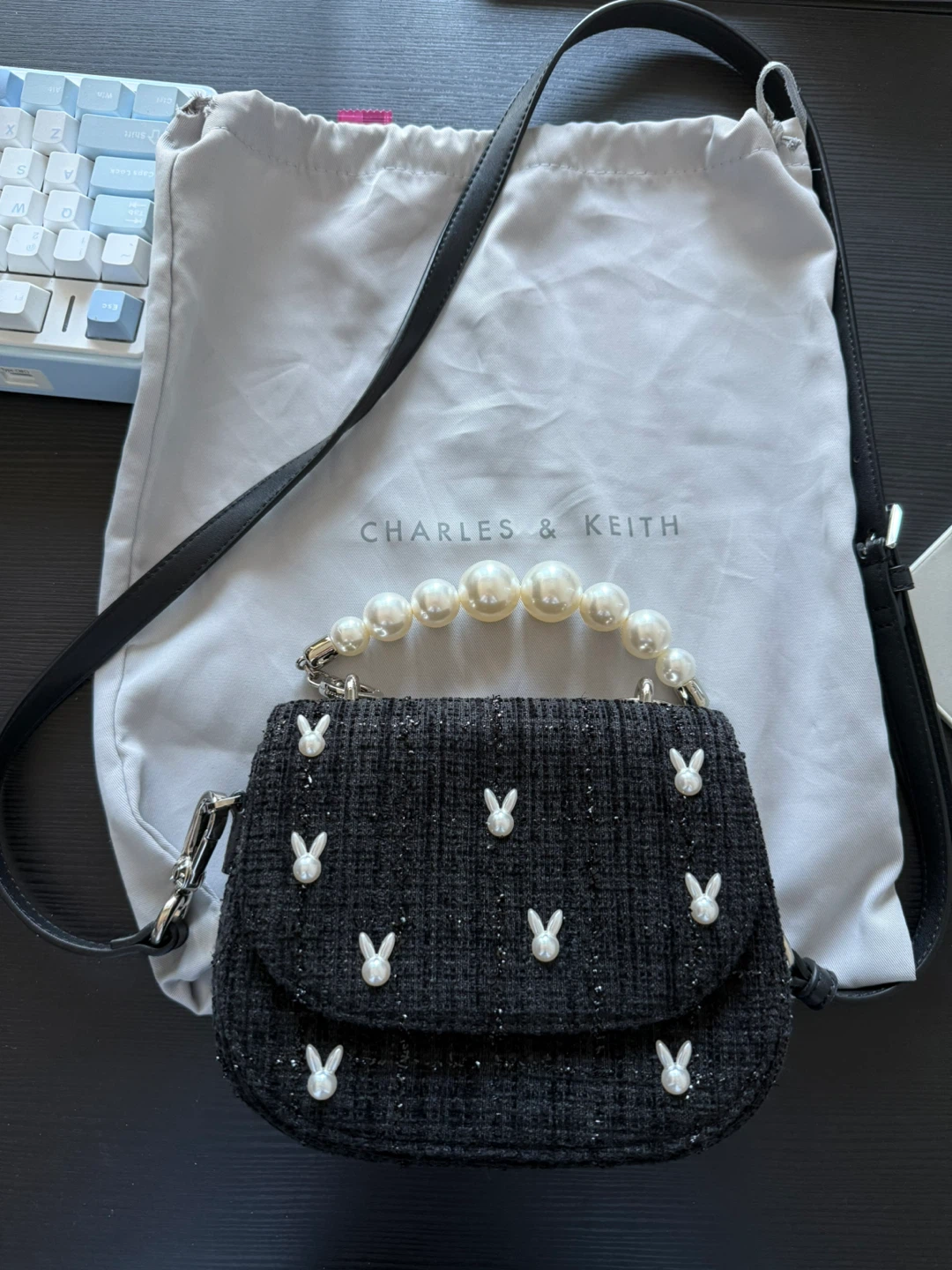New Charles & Keith Black Tweed Mini Bag with Pearls