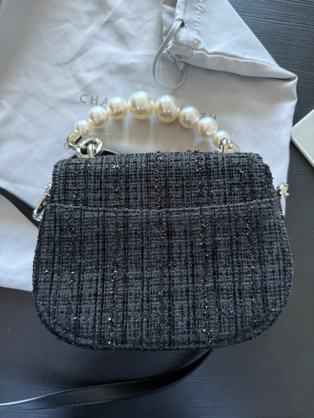 New Charles & Keith Black Tweed Mini Bag with Pearls - photo 4