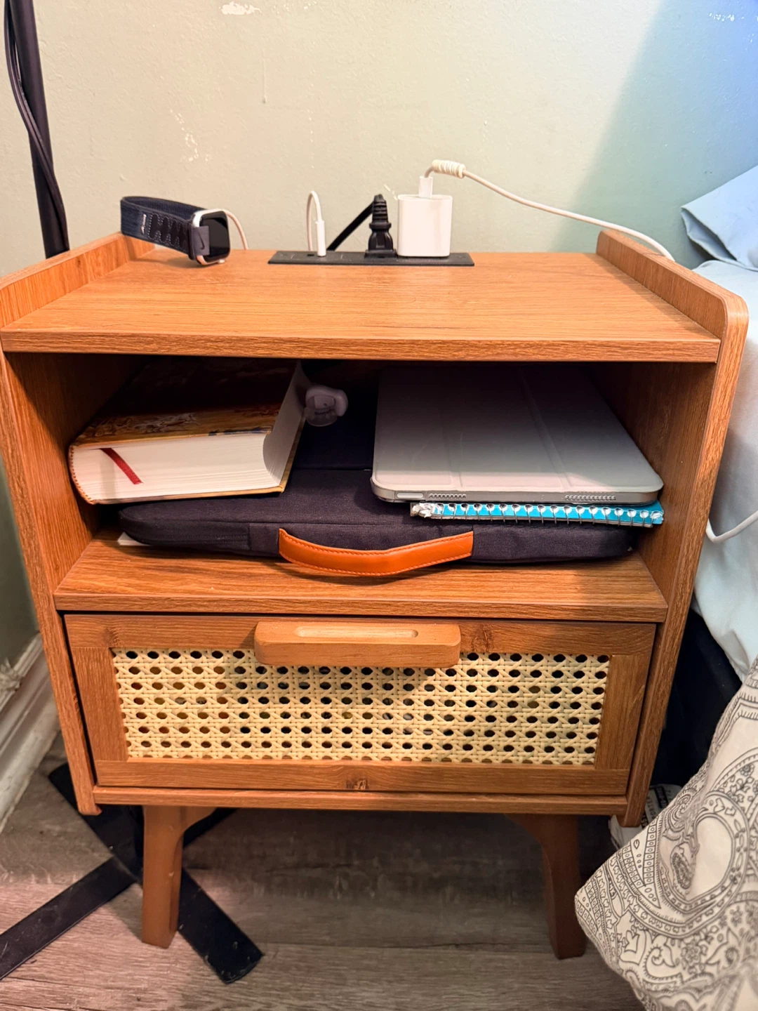 Wooden Nightstand with Cane Drawer