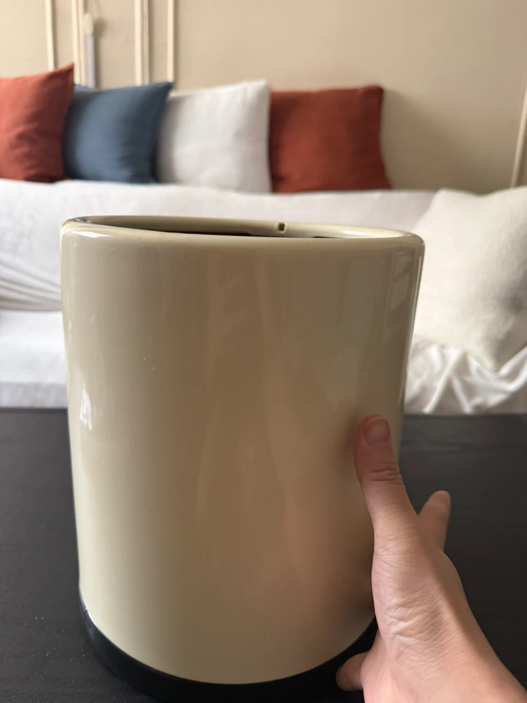 Cream and Black Trash Can