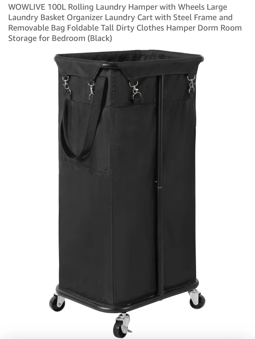 WOWLIVE 100L Rolling Laundry Hamper with Wheels - Black