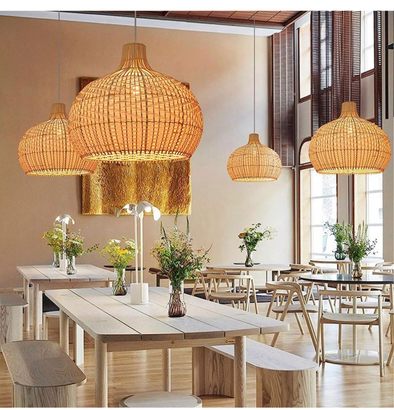 Woven Rattan Pendant Light Fixture - Beige - photo 3