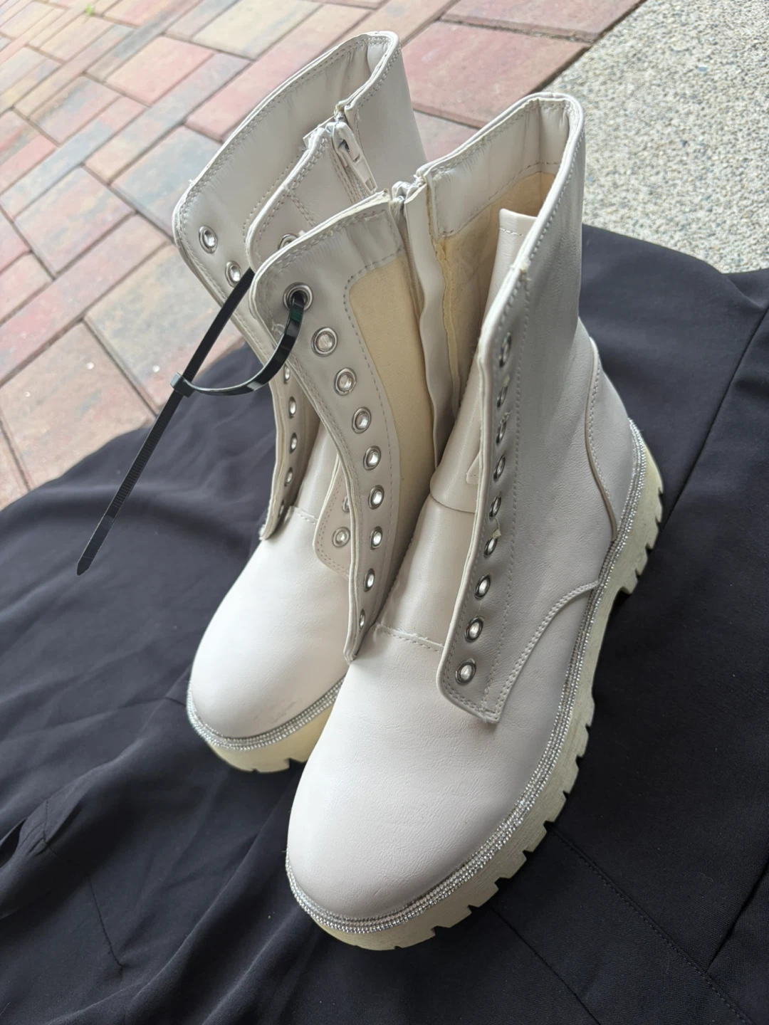 White Lace-Up Combat Boots with Rhinestone Detail - photo 2