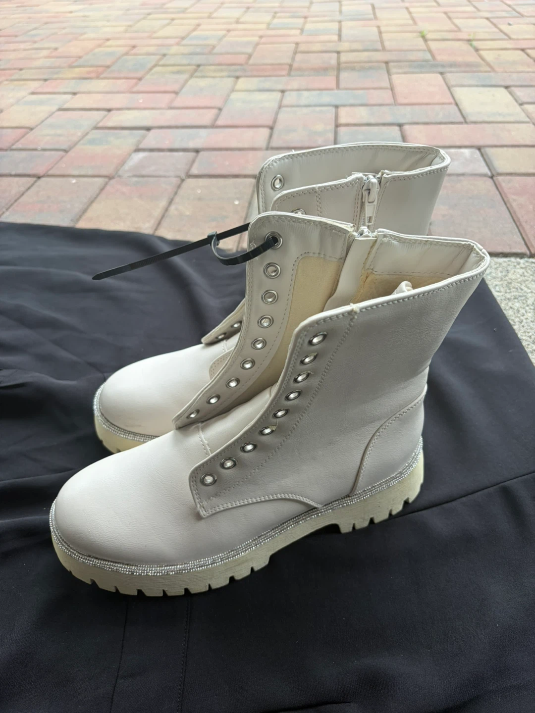 White Lace-Up Combat Boots with Rhinestone Detail