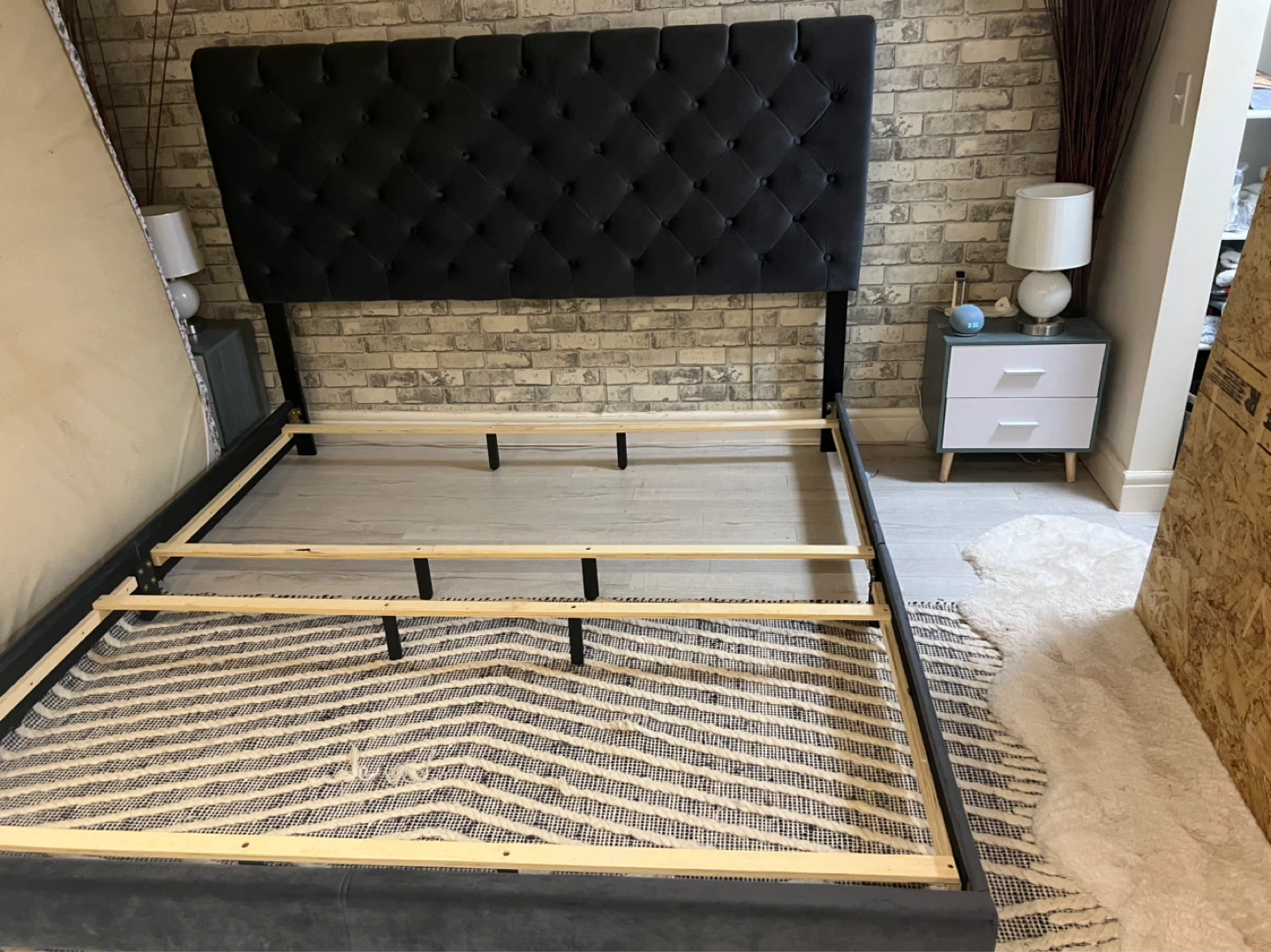 King size Dark grey Velvet Tufted Headboard Bed Frame