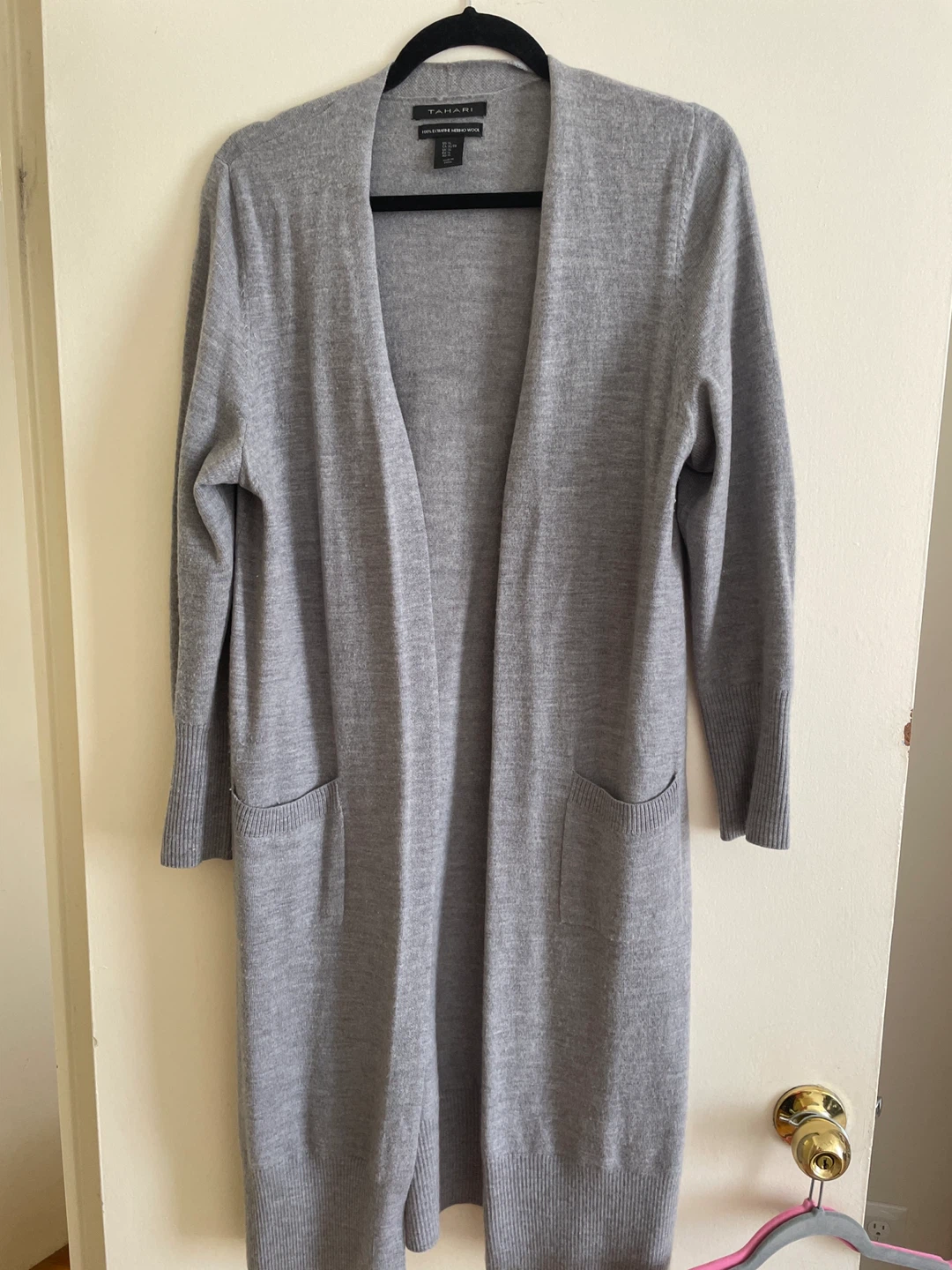 Tahari Grey 100% ExtraFine Merino Wool Long Cardigan