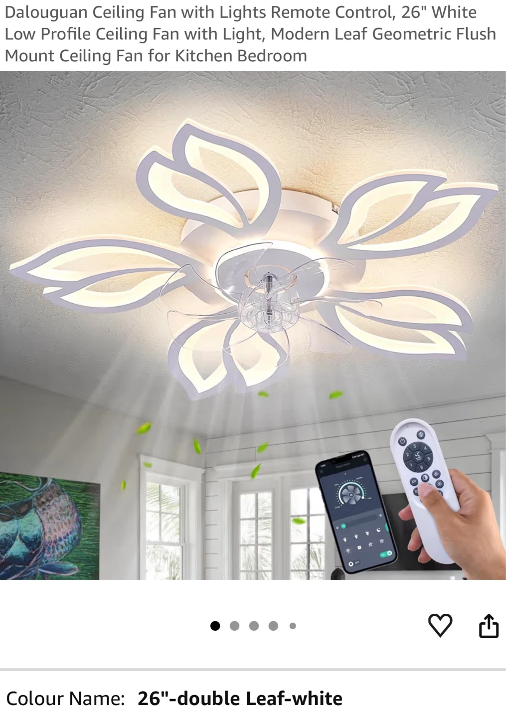26" White Leaf Ceiling Fan with Light 90F