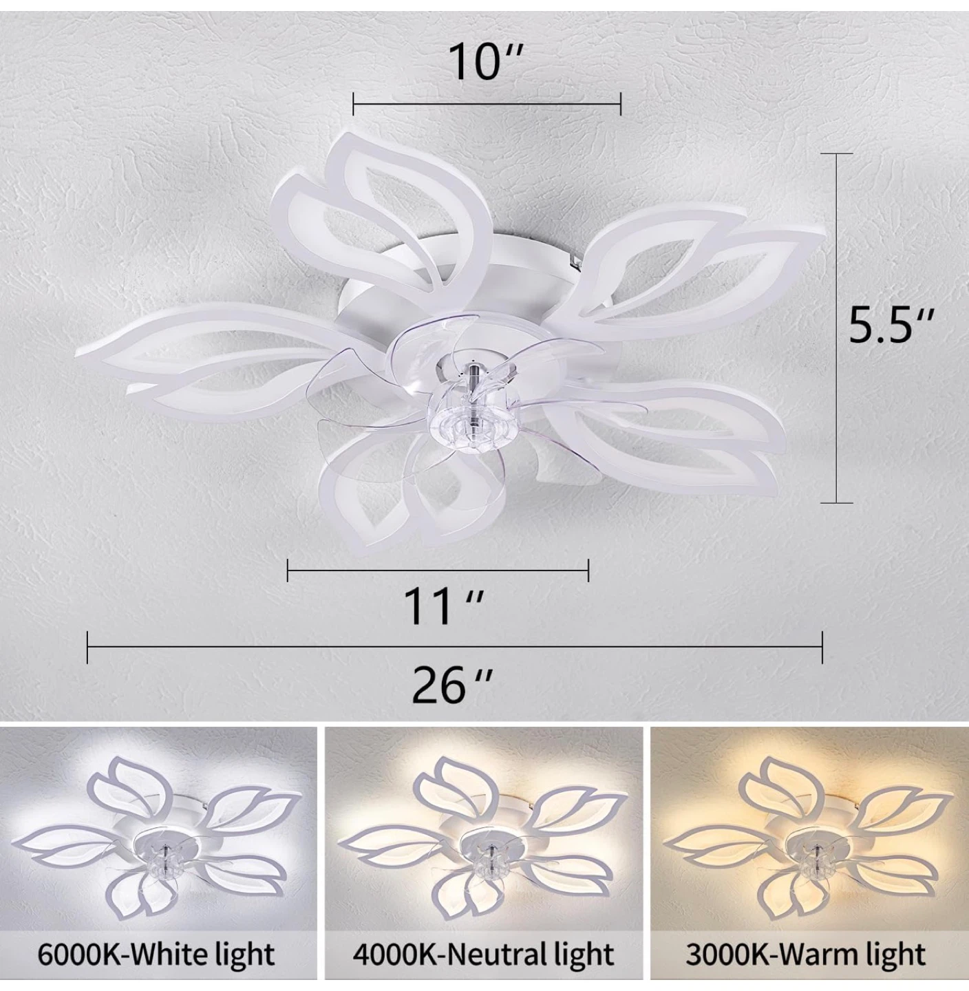 26" White Leaf Ceiling Fan with Light 90F - photo 2