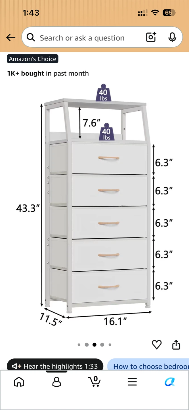 [QUIcK SALE]White 5 Drawer Fabric Dresser - photo 3