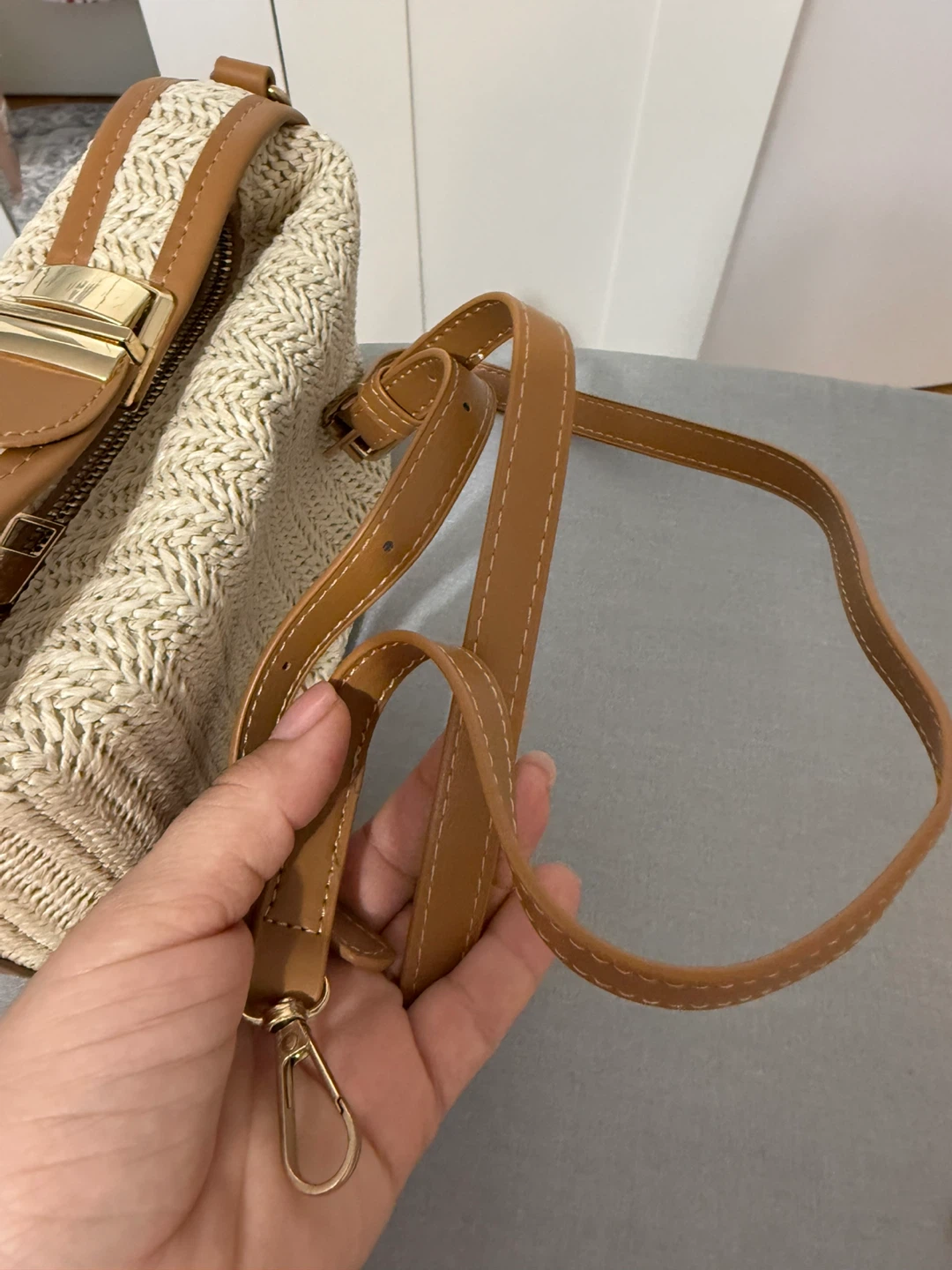 Straw Crossbody Bag with Faux Leather Trim - photo 5