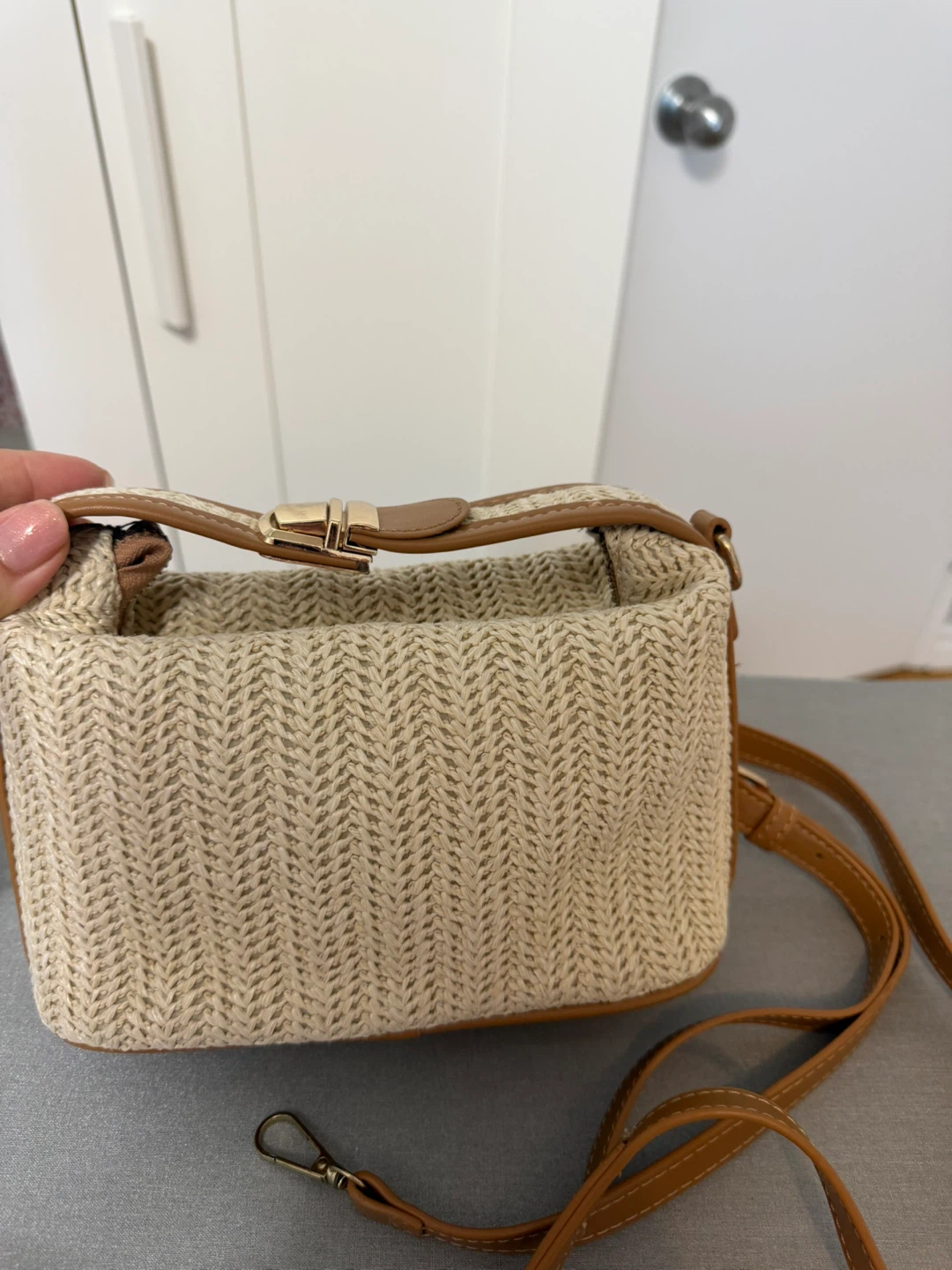 Straw Crossbody Bag with Faux Leather Trim