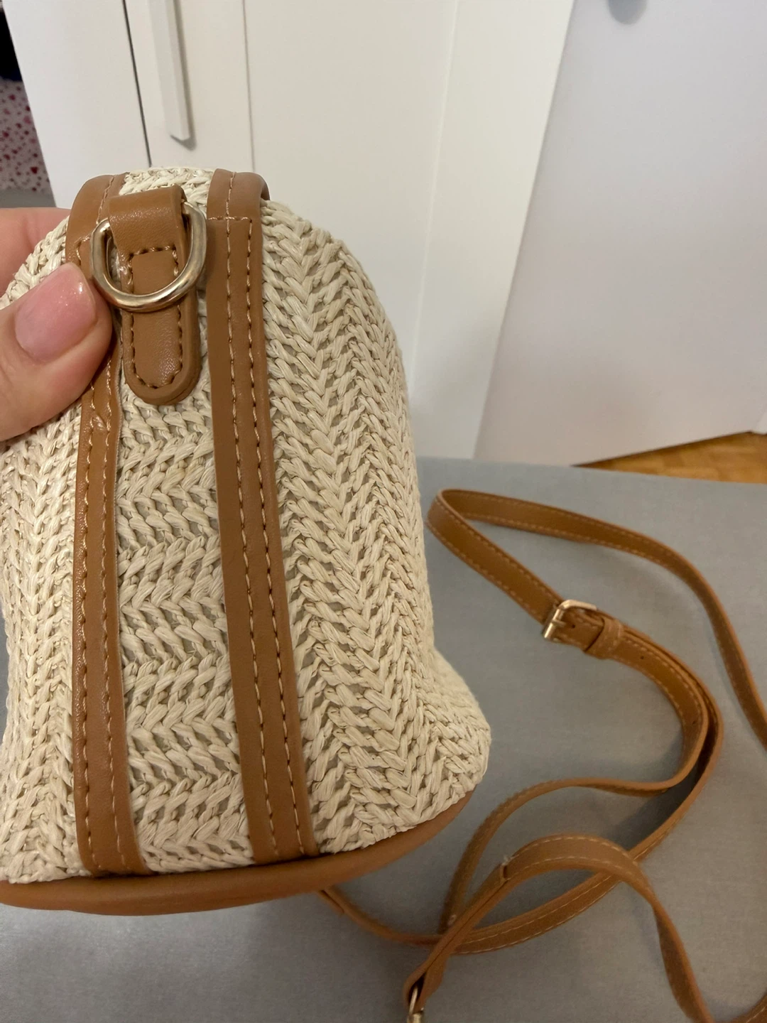 Straw Crossbody Bag with Faux Leather Trim - photo 3